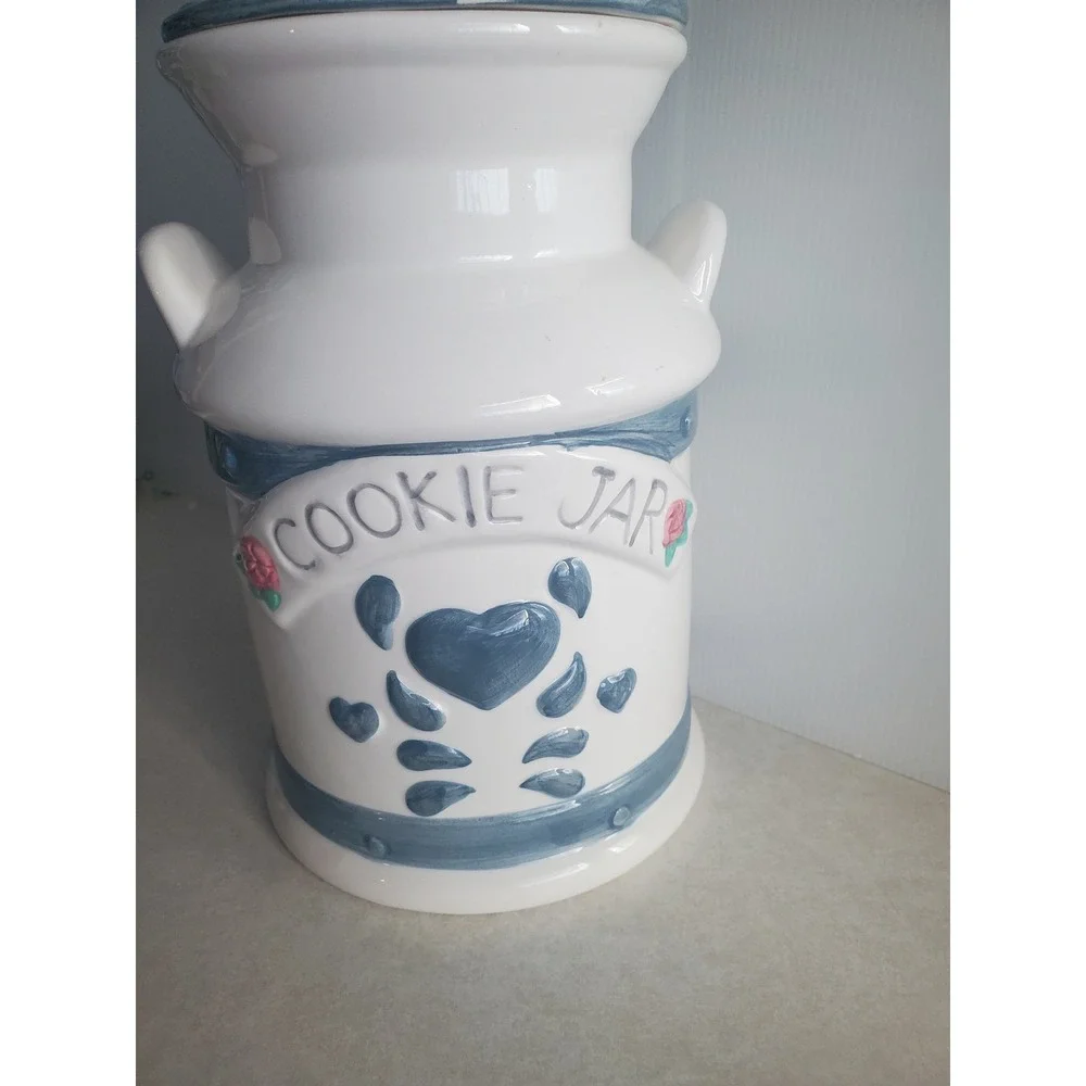 Jay Import Co Cookie Jar White Blue Heart Rose Milk Can Vintage Country Large